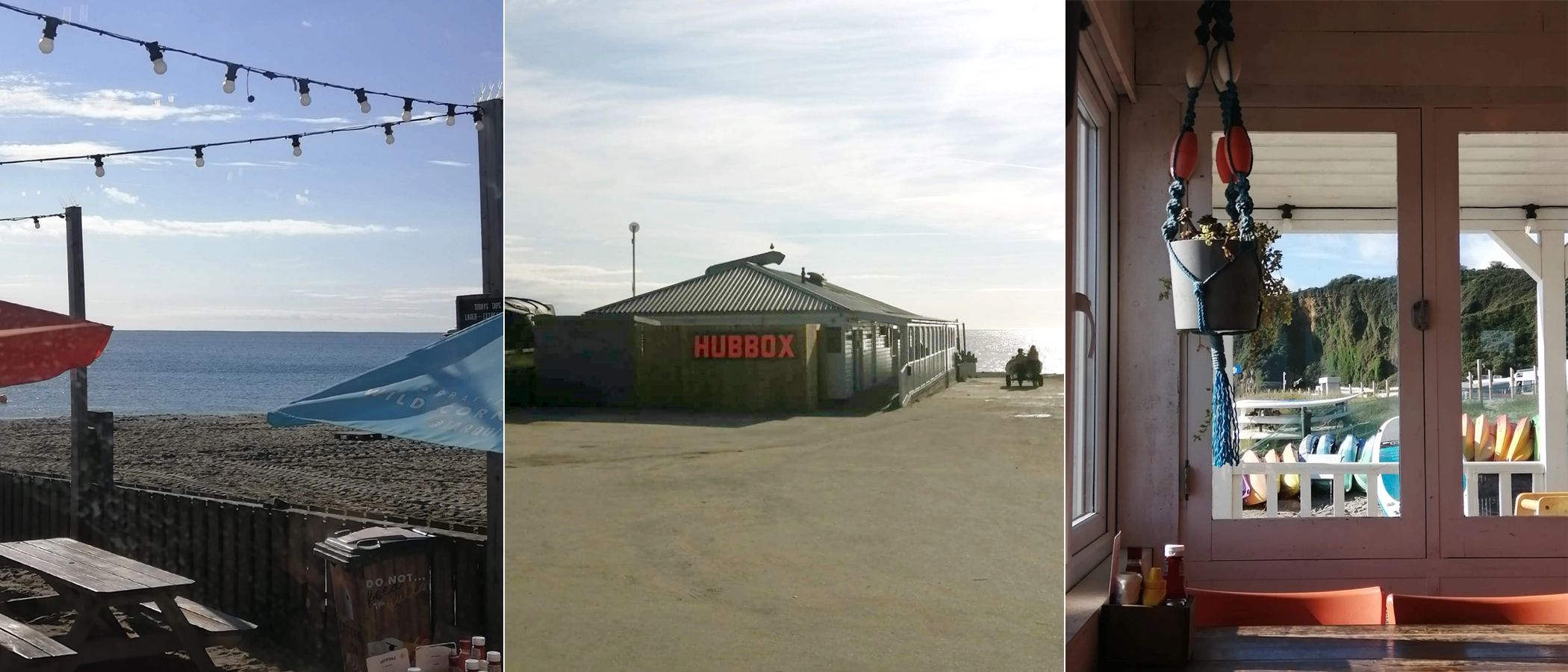 The Hubbox restaurant building and beach seating area combined with two panoramic views of Pentewan Sands, Cornwall